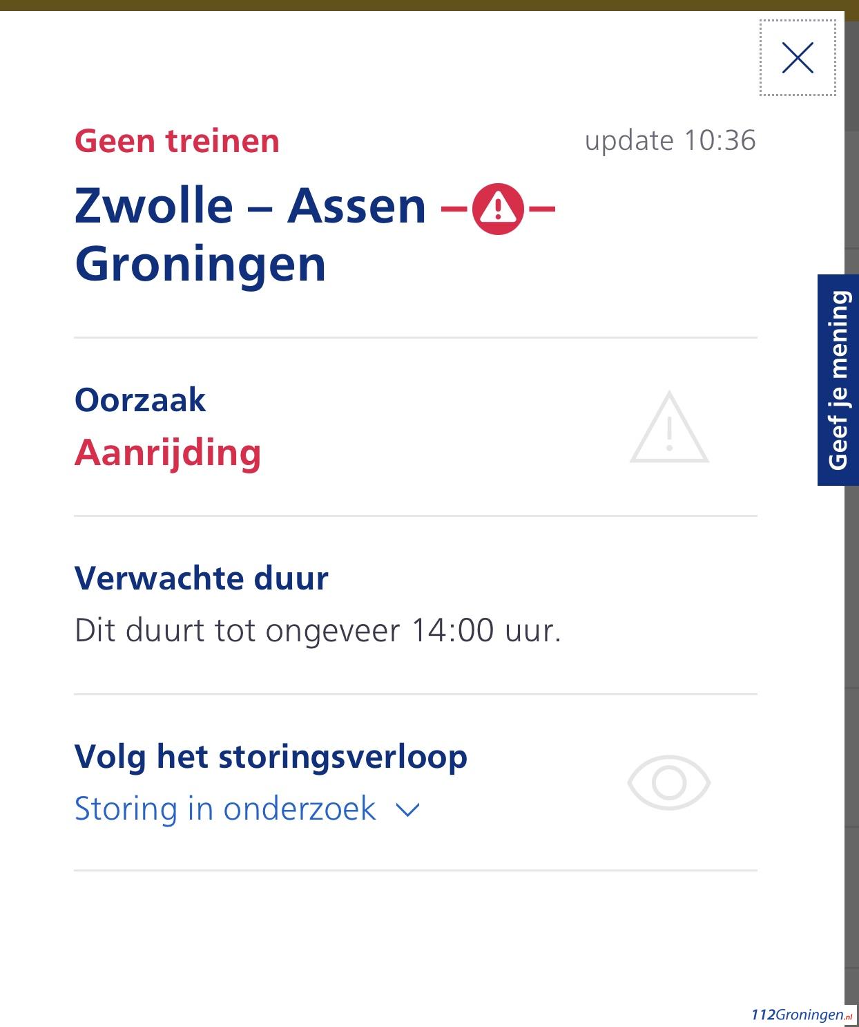 Geen treinverkeer tussen Groningen en Assen, vanwege aanrijding.