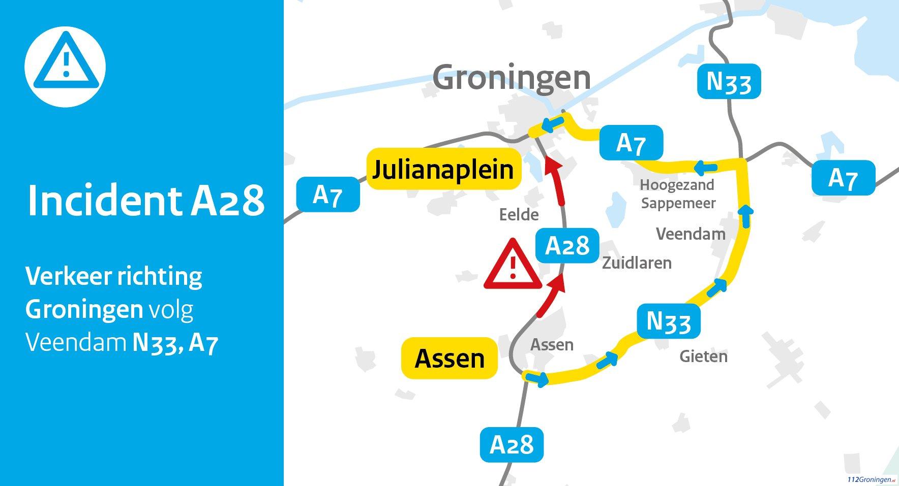 Bietenwagen gekanteld, verkeer richting Groningen omgeleid vanaf afrit Assen tot 10:00 uur. Bietenwagen gekanteld, verkeer richting Groningen omgeleid vanaf afrit Assen tot 10:00 uur.