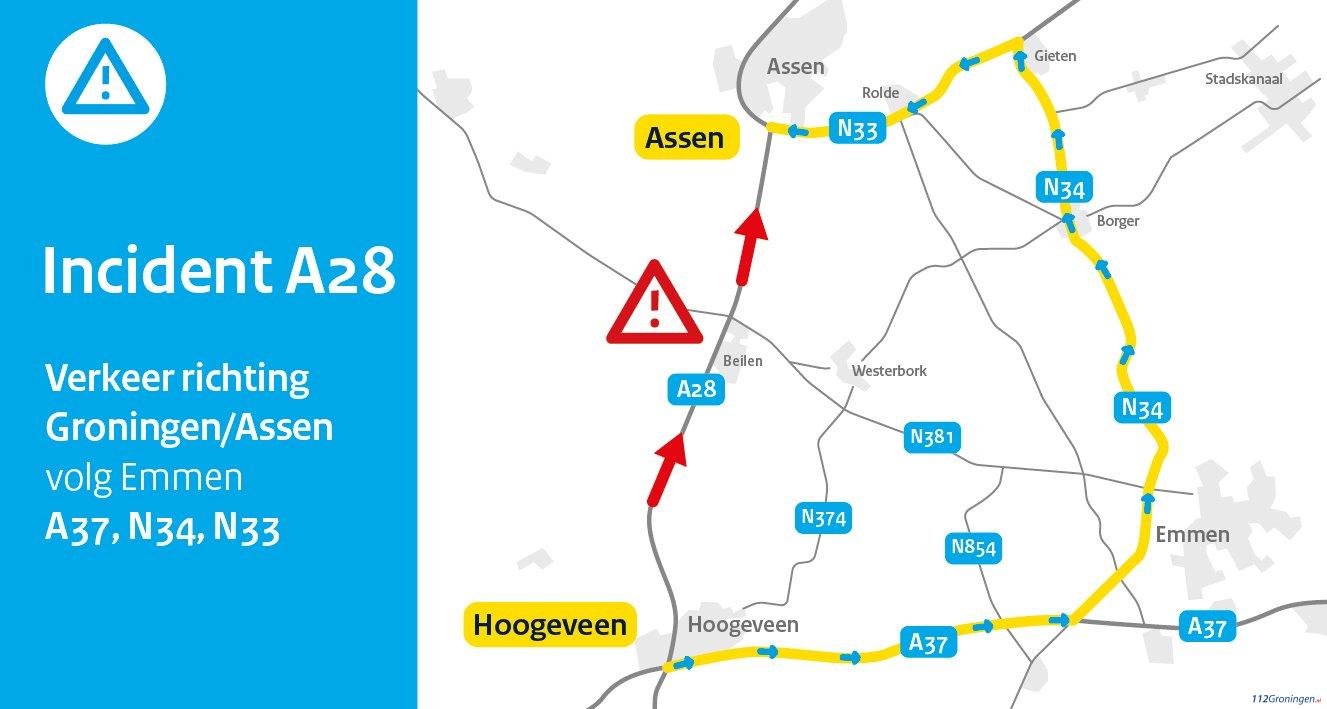 Omleidingen door ongeval op A28 in Drenthe. Omleidingen door ongeval op A28 in Drenthe.